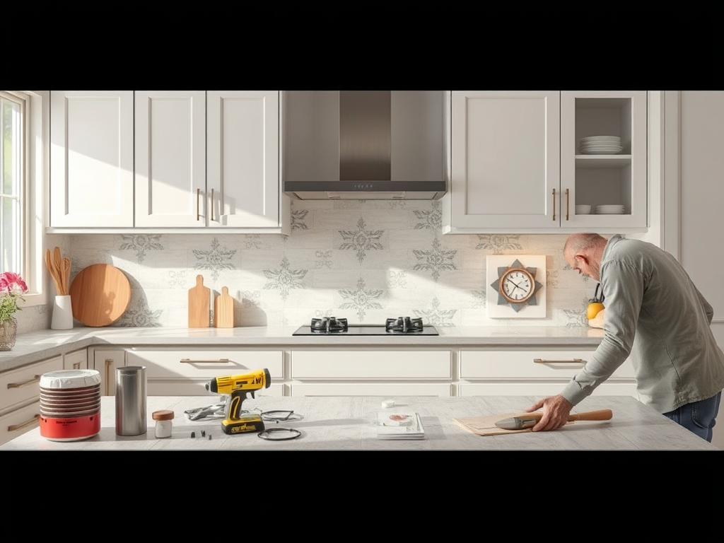 На кухне пожилой мужчина работает с тестом, вокруг инструменты и мебель в светлых тонах.