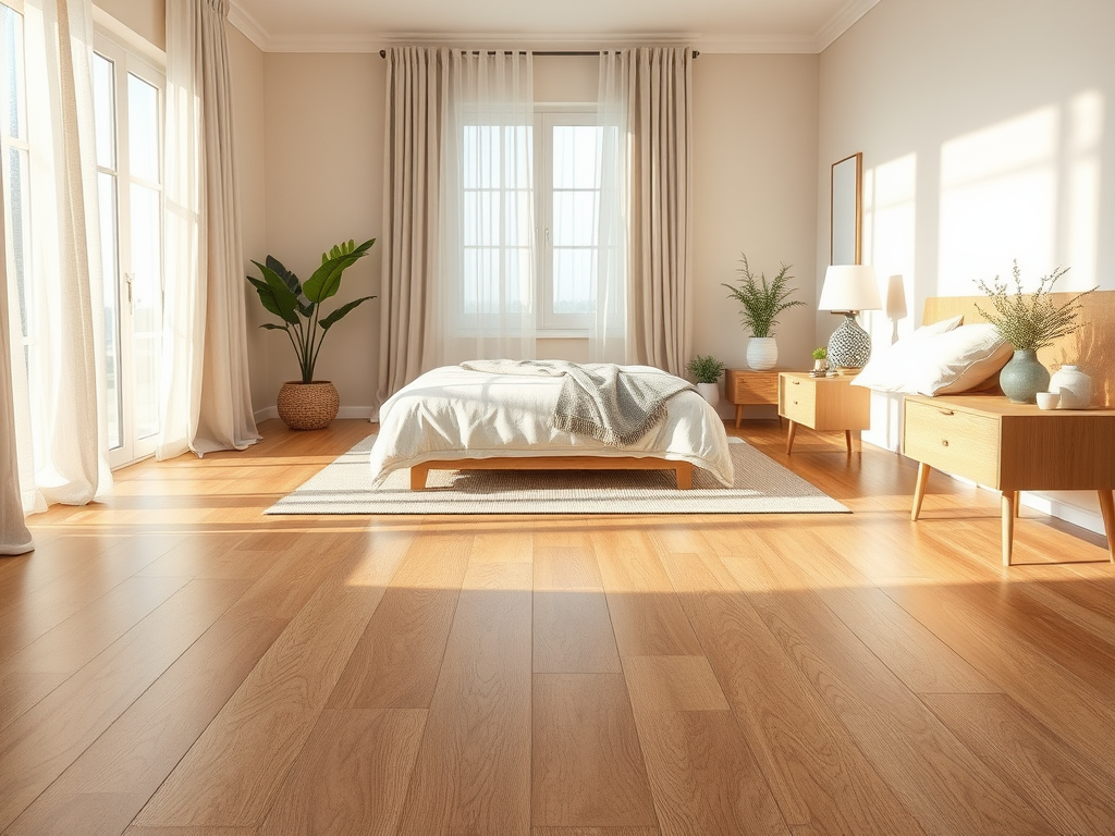 Светлая спальня с большой кроватью и зелеными растениями, уютный интерьер с деревянным полом.