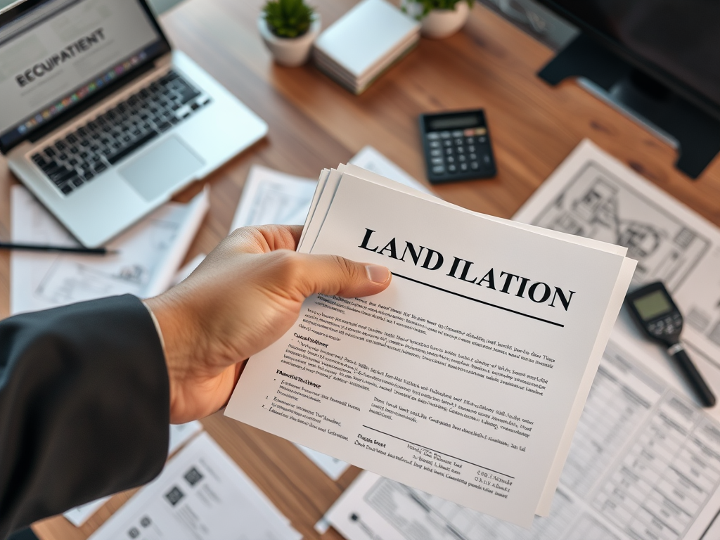 Документ с заголовком "LAND ILATION" на фоне рабочего стола с бумагами и компьютером.