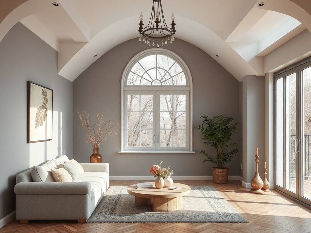 Современная гостиная с большим окном, уютным диваном и растениями на фоне. Теплая цветовая гамма.