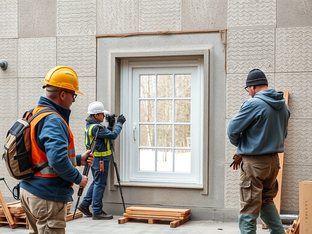 На строительной площадке трое рабочих устанавливают окно и используют инструменты для измерений.