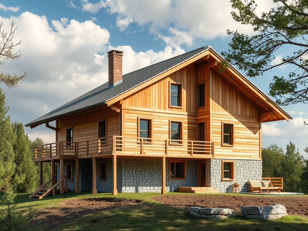 Деревянный дом с каменным цоколем, окруженный зелеными деревьями под голубым небом.