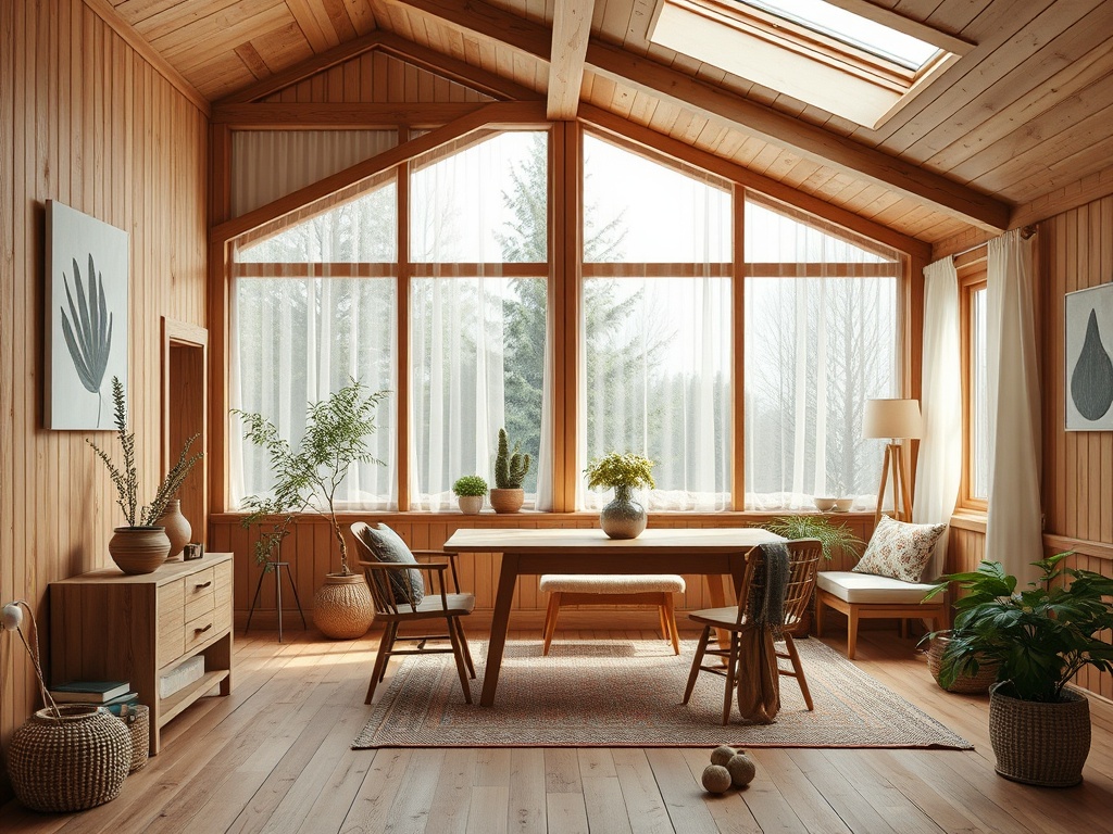 Светлая комната с деревянной отделкой, большими окнами и уютной обстановкой, наполненная растениями.