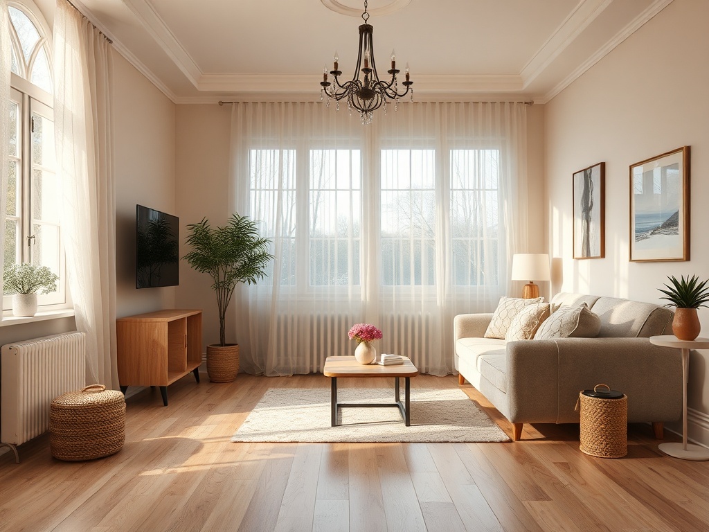 Светлая гостиная с диваном, телевизором и растениями, освещенная солнечными лучами через большие окна.