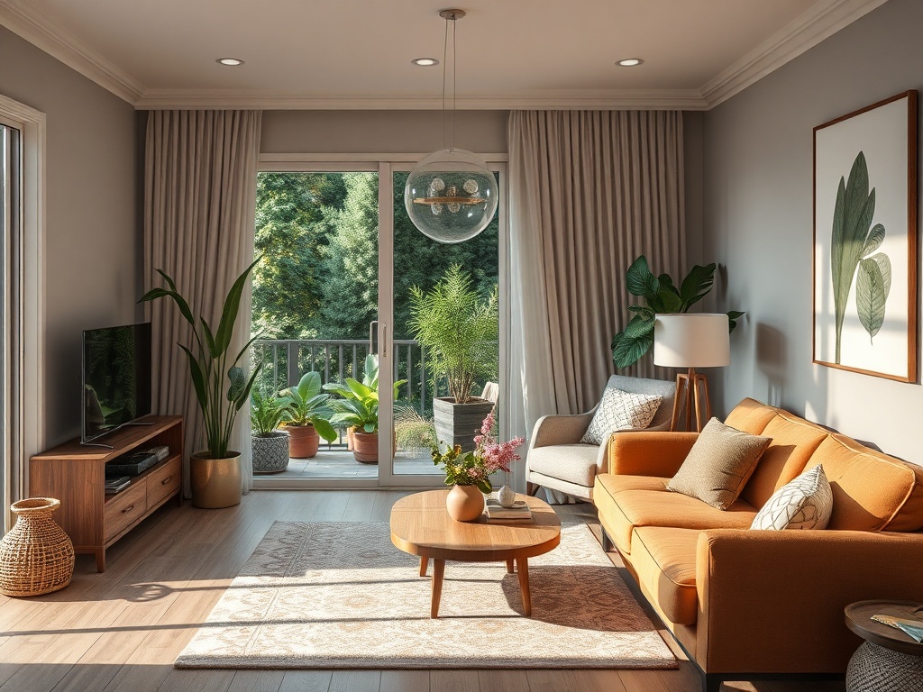 Светлая гостиная с оранжевым диваном, растениями и большими окнами, выходящими на балкон с зеленью.