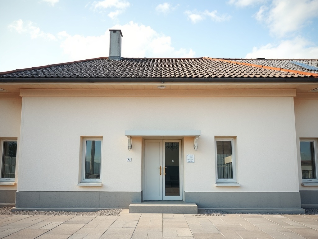 Фасад дома с двумя окнами и центральной входной дверью, крыша с черепицей и светлым фасадом.