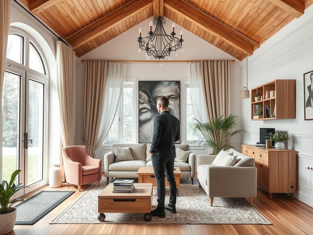Современный уютный гостиной с деревянным потолком и большим окном, человек рассматривает интерьер.