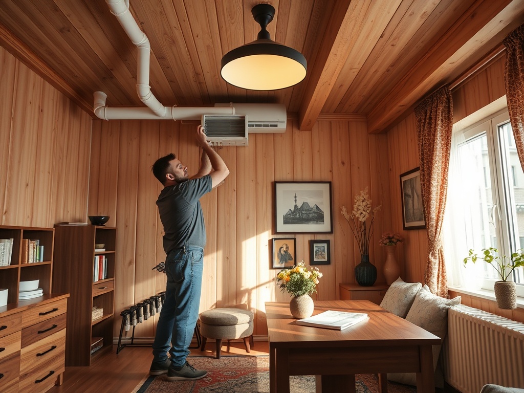 Мужчина устанавливает кондиционер в светлом деревянном интерьере с мебелью и декором.