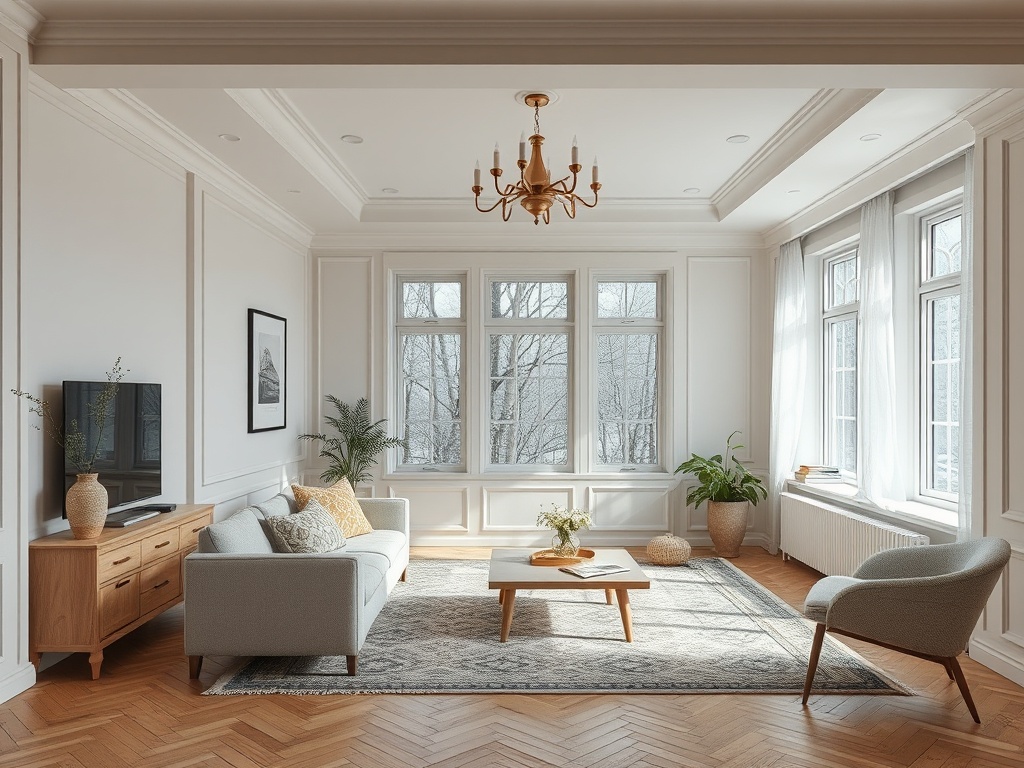 Светлая гостиная с мебелью, большими окнами и деревянным полом. Минималистичный и уютный дизайн.