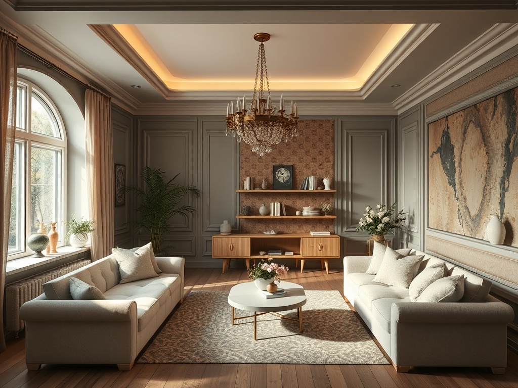 Современная гостиная с светлыми диванами, уютным столом и хрустальной люстрой. Стены украшены декоративными элементами.