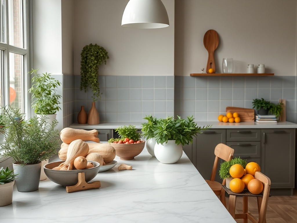Современная кухня с зелеными растениями, фруктами и овощами на мраморном столе, уютная атмосфера.