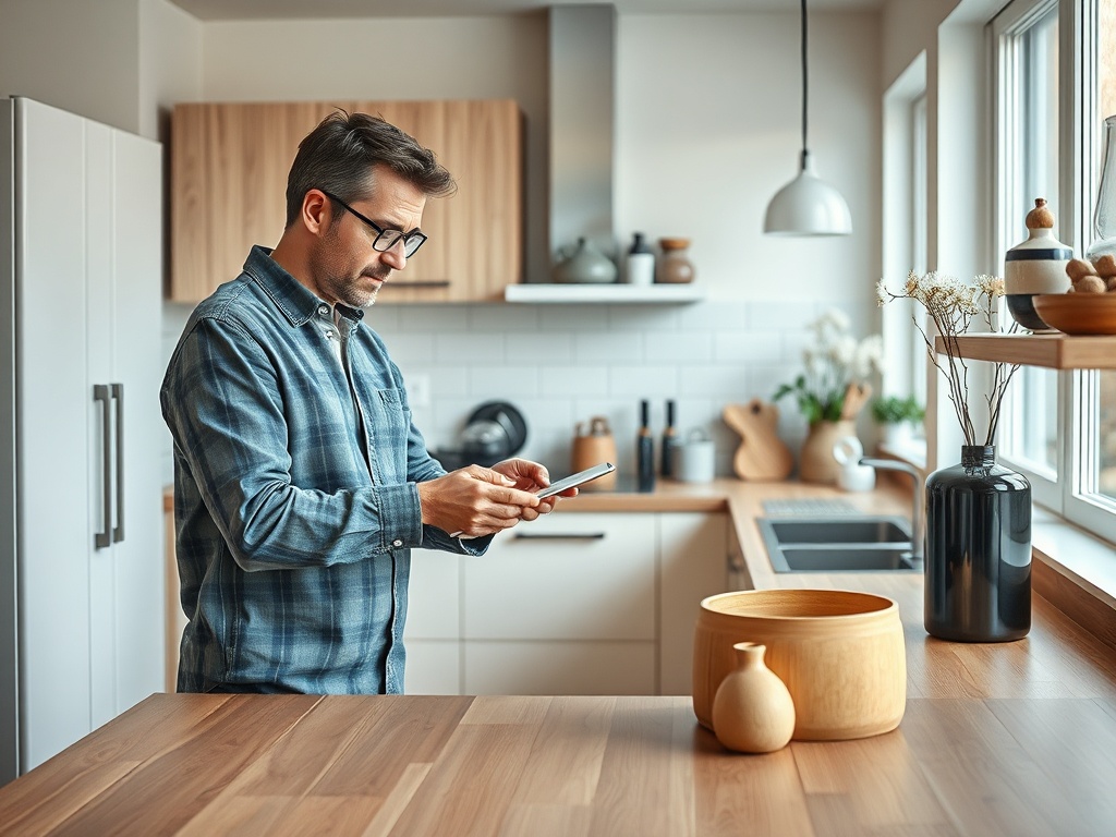 Мужчина в очках и рубашке проверяет телефон на кухне с деревянным столом и расставленной посудой.