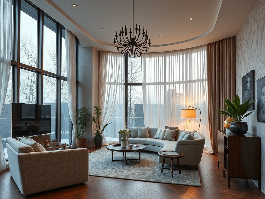 Современная гостиная с большими окнами, уютной мебелью и украшениями, создающими атмосферу уюта.