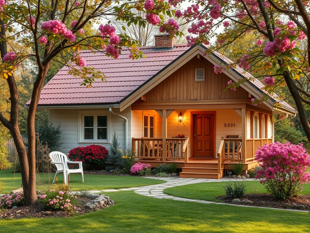 Уютный загородный дом с террасой, окружённый цветущими деревьями и цветами на зелёном газоне.