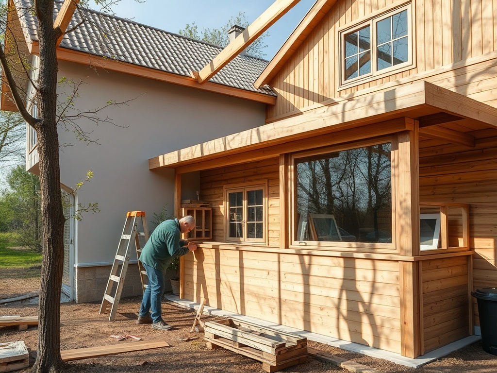 Человек работает над деревянной конструкцией рядом с домом в солнечный день. На заднем плане видны деревья.