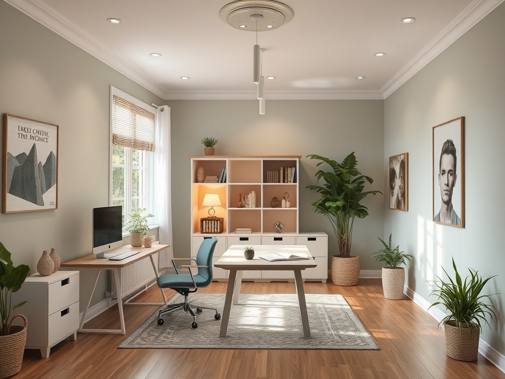 Современный офис с деревянным полом, растениями, столом и стулом, компьютером и книжным шкафом.