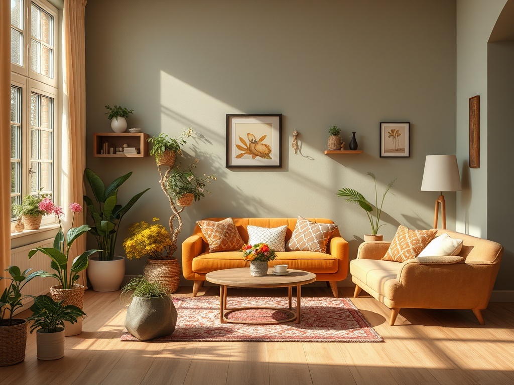 Светлая гостиная с оранжевым диваном, растениями и уютным кофейным столиком на фоне теплого света.