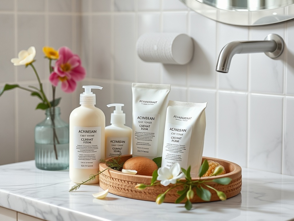 На изображении косметические средства на мраморной столешнице, украшенные цветами и фруктами.