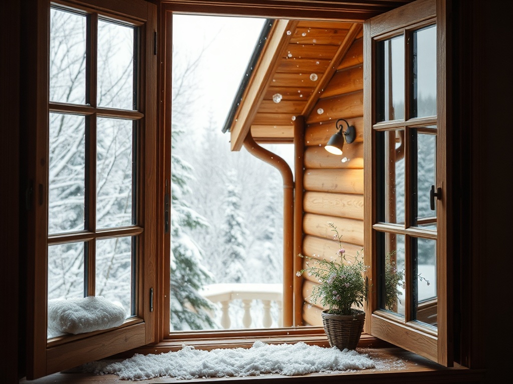 Окно с деревянной рамой, снежный пейзаж и цветок в горшке на подоконнике. Зима за окном.