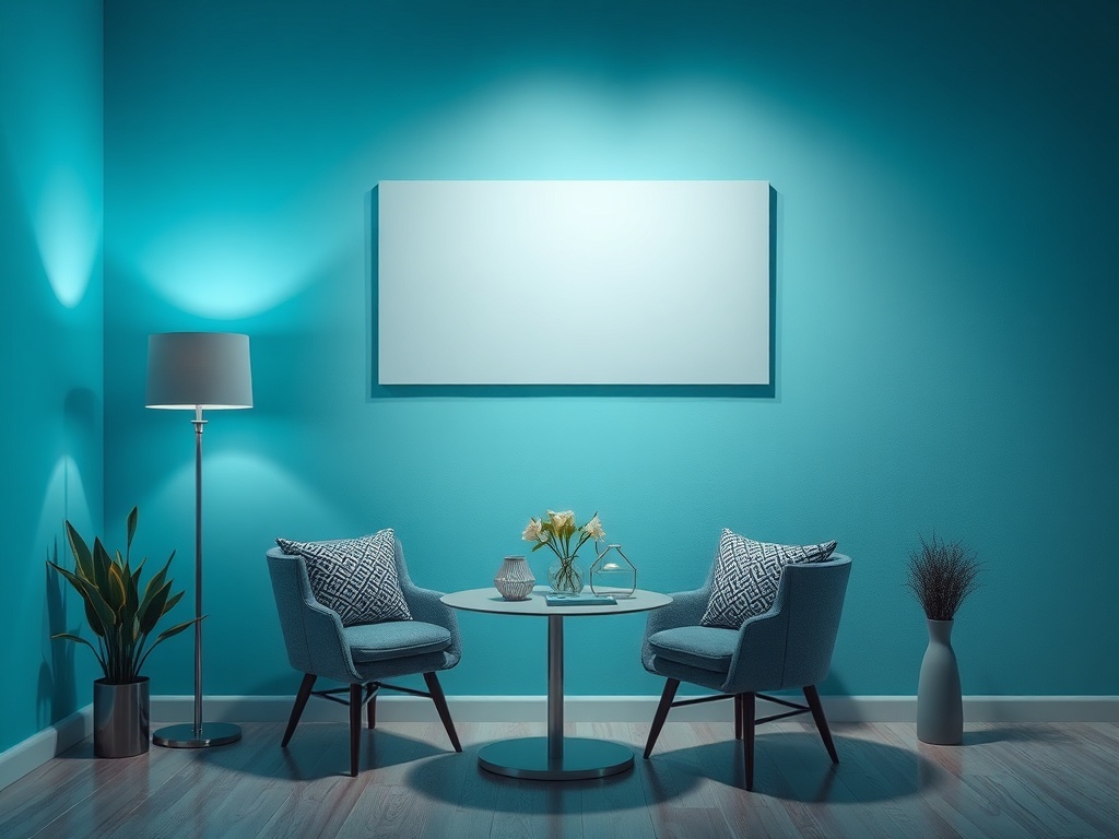 Современный интерьер с голубыми стенами, столом и двумя креслами, рядом растения и лампа.