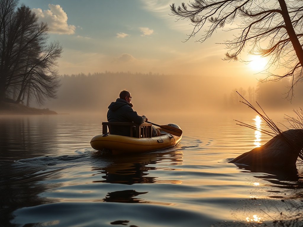 Человек в лодке плывёт по тихой реке на фоне утреннего тумана и восходящего солнца.