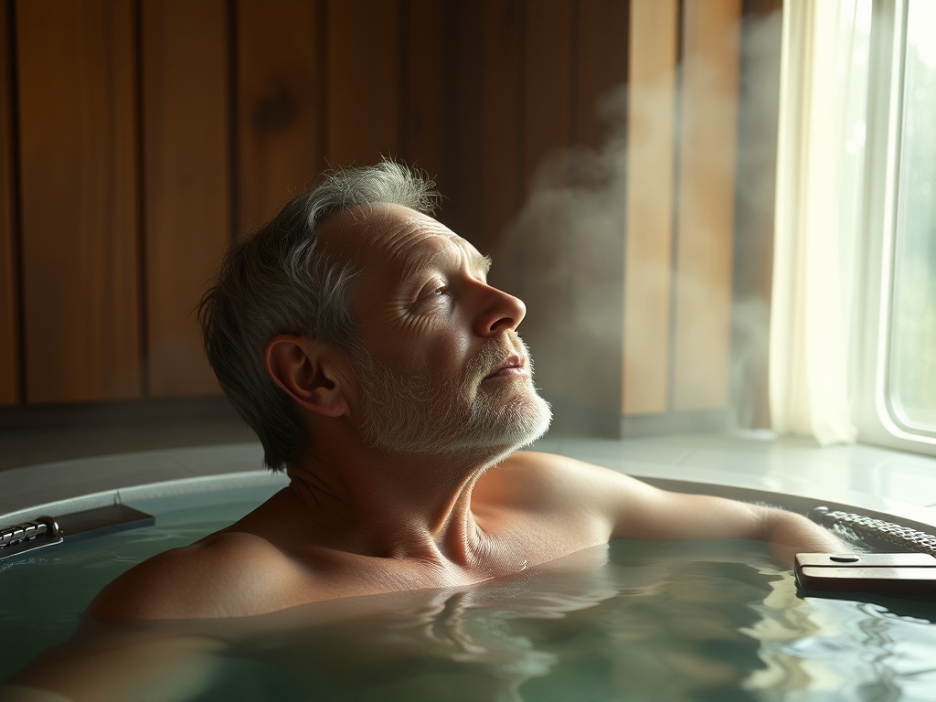 Мужчина с седыми волосами расслабляется в ванной, наслаждаясь теплом и атмосферой спокойствия.