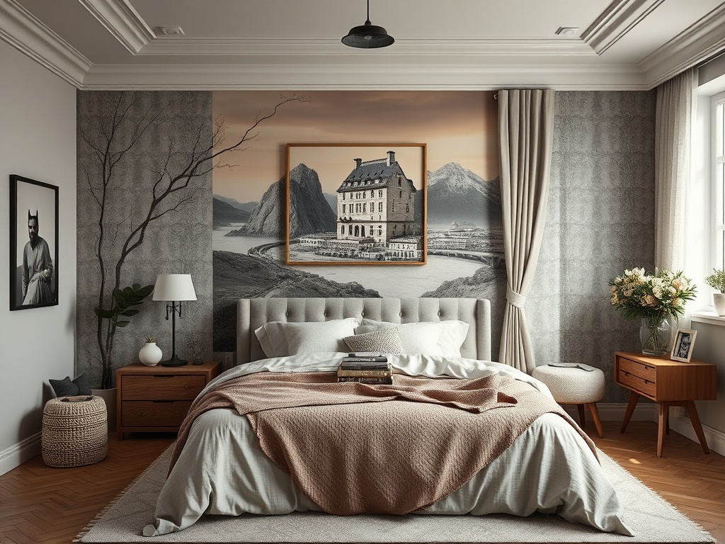 Современная спальня с картиной и уютными предметами интерьера. Теплые тона и стильные детали.