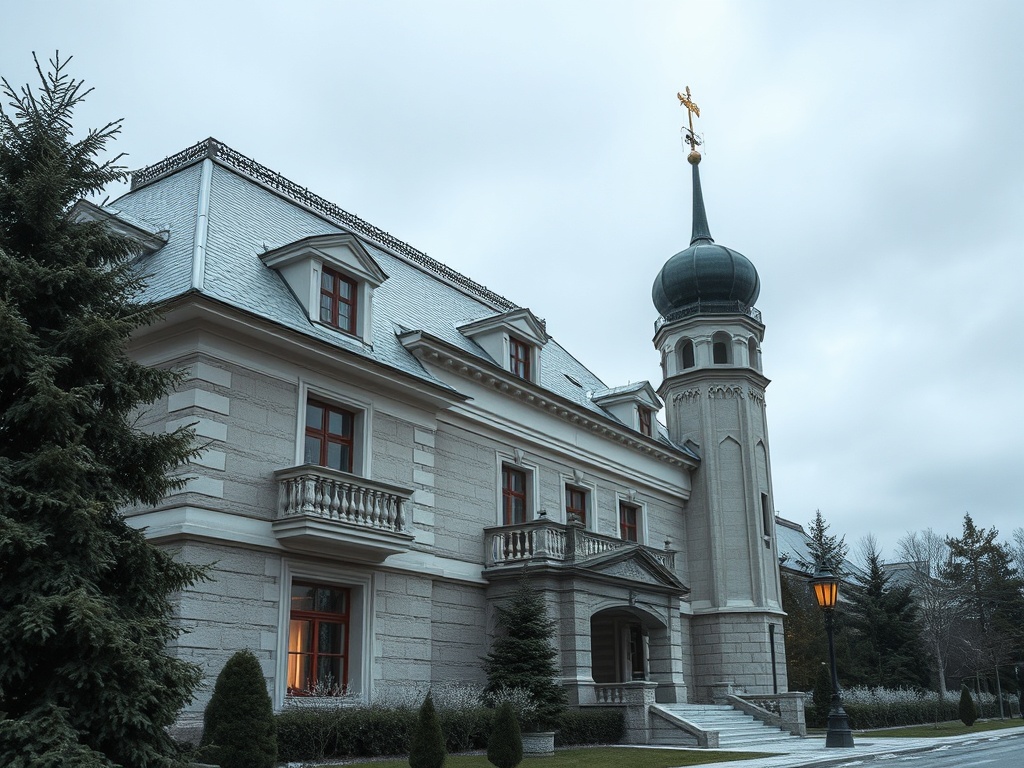 Изящное здание с куполом, красными окнами и современной архитектурой на фоне облачного неба.