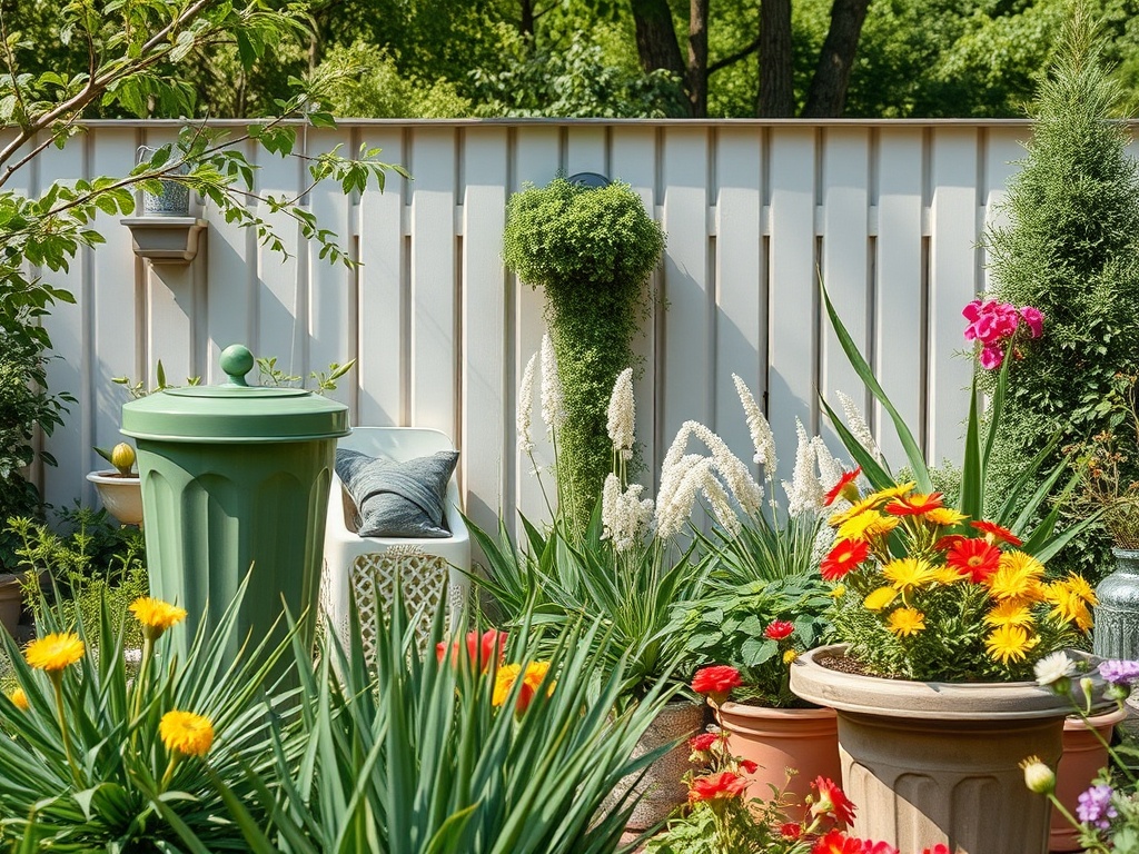 Сад с цветами, зелеными растениями и уютной мебелью на фоне белого забора. Летний день.