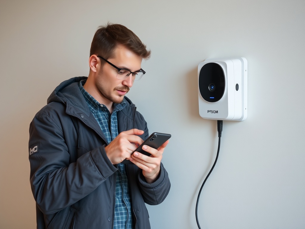 Молодой человек в очках использует смартфон рядом с устройством на стене.