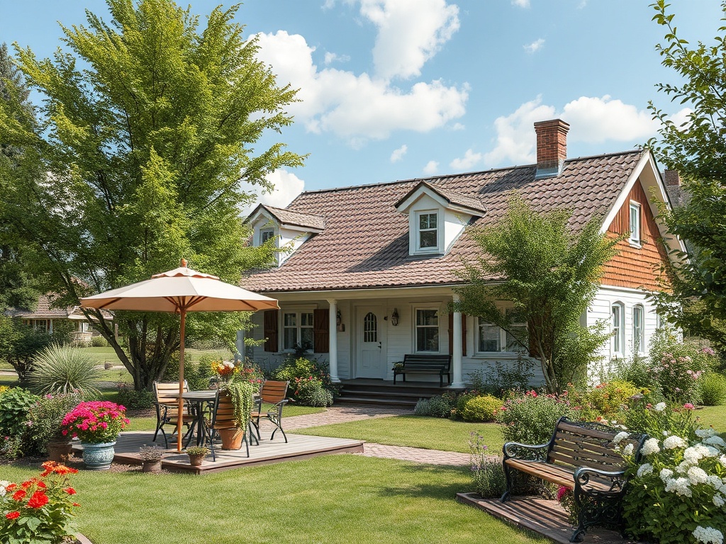 Уютный дом с садом, креслом и зонтом, окружённый зеленью и цветами, на фоне синего неба.