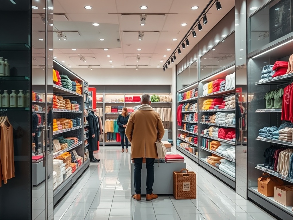 В магазине одежды люди рассматривают товары на полках. Яркие свитера и полотенца аккуратно уложены.